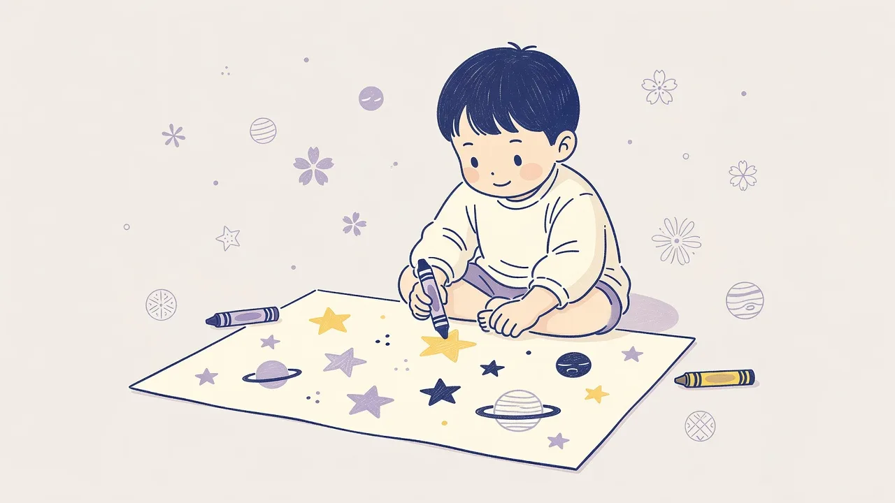 床に広げた紙に、星と惑星をクレヨンで描く子供のイラスト