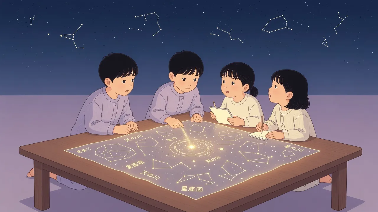 光る星座図をのせた低いテーブルを囲む4人の子供のイラスト