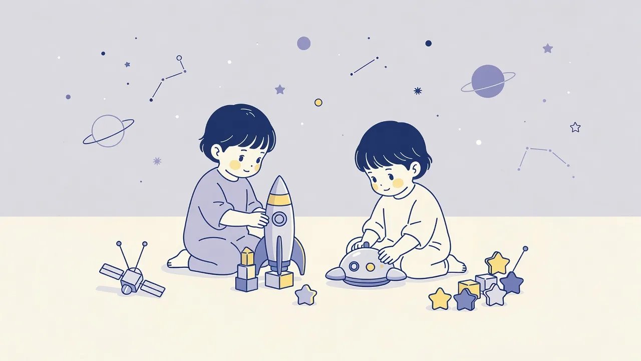 ロケットと衛星のブロックで遊ぶ2人の子供のイラスト