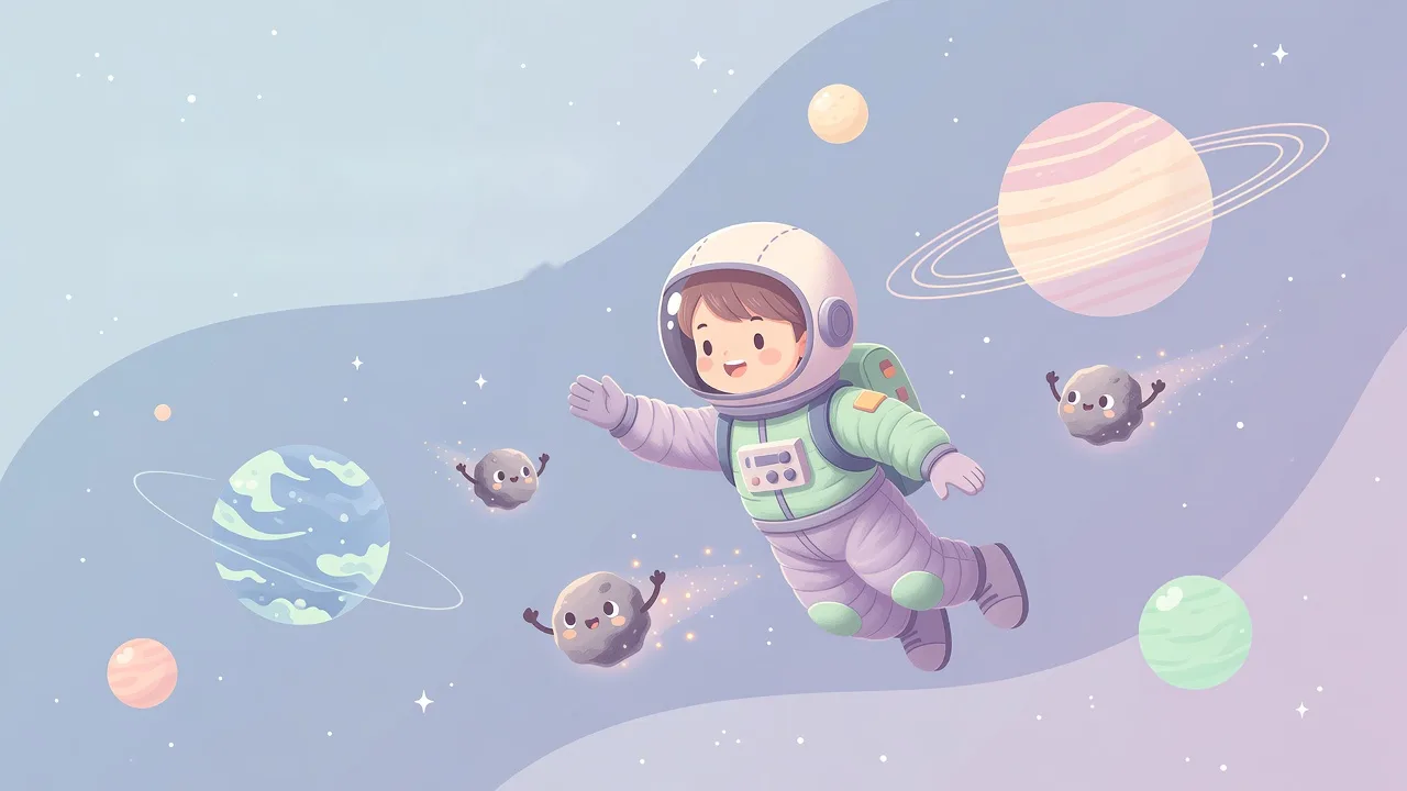 宇宙服の女の子と小さな流星のキャラクターが、惑星の間を飛ぶイラスト