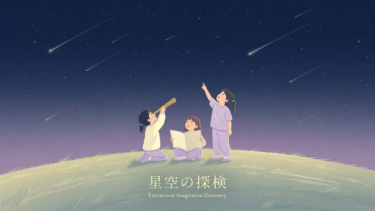 丘の上で空を見上げる子供たちのシルエットと、流れ星の夜空
