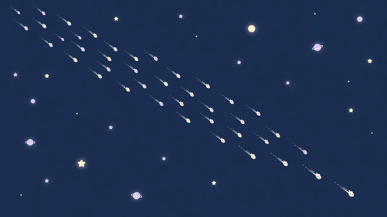 紺色の夜空に、たくさんの流れ星が斜めに走るイラスト
