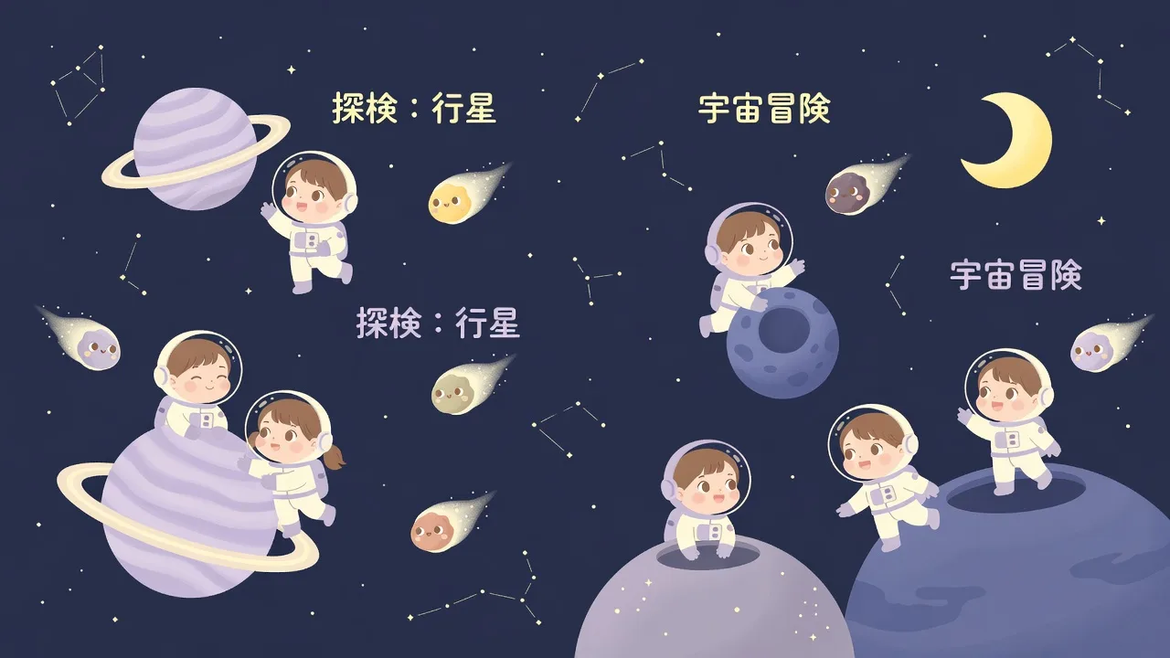 宇宙服の子供たちが、惑星や月のまわりを探検するイラスト