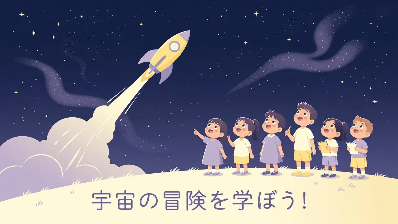 打ち上がるロケットを見上げる子供たちのイラスト