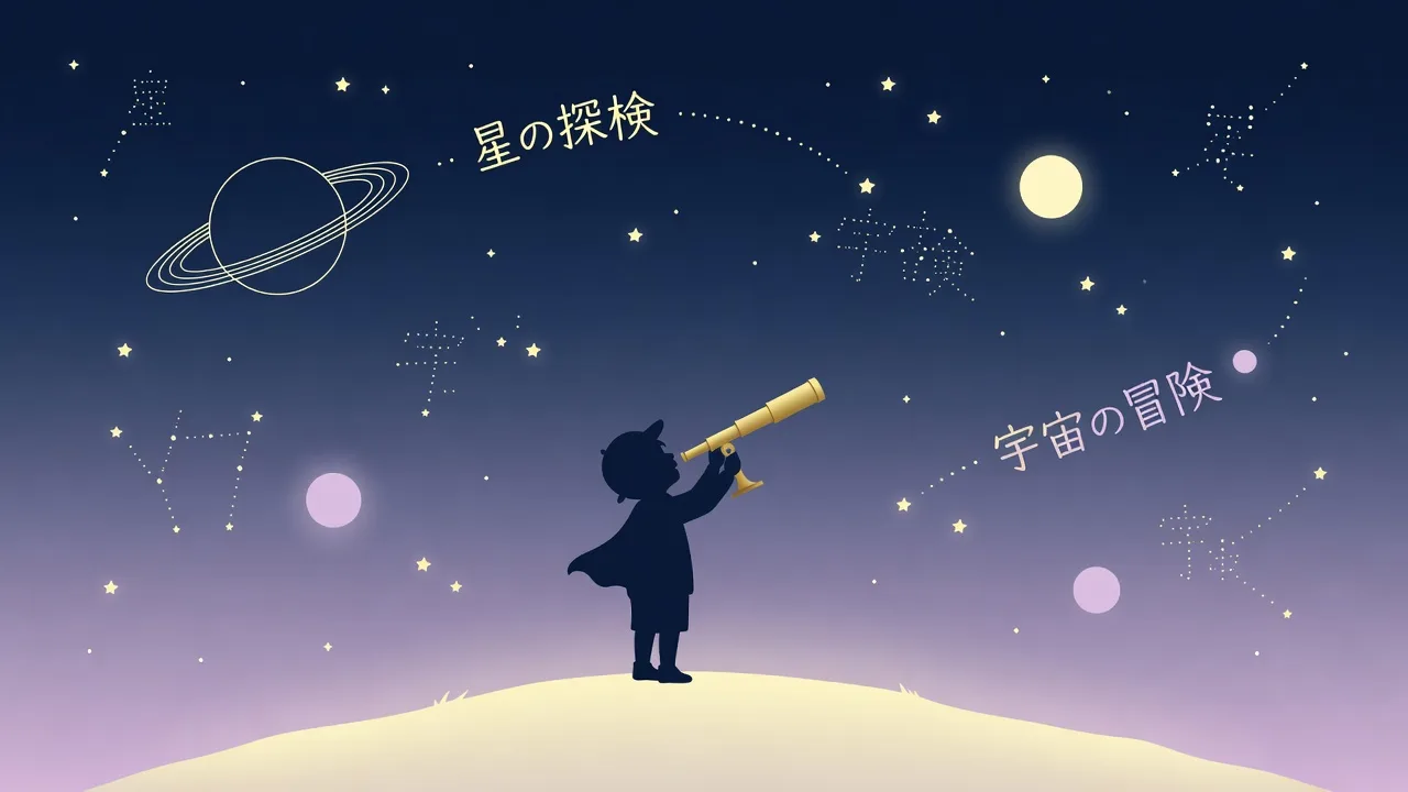 宇宙服を着た子供と、小さな流星のキャラクターが惑星の間を飛ぶイラスト