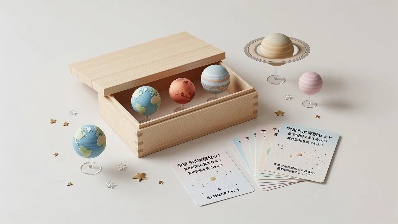 木箱の中に並んだ惑星の模型と、解説カード