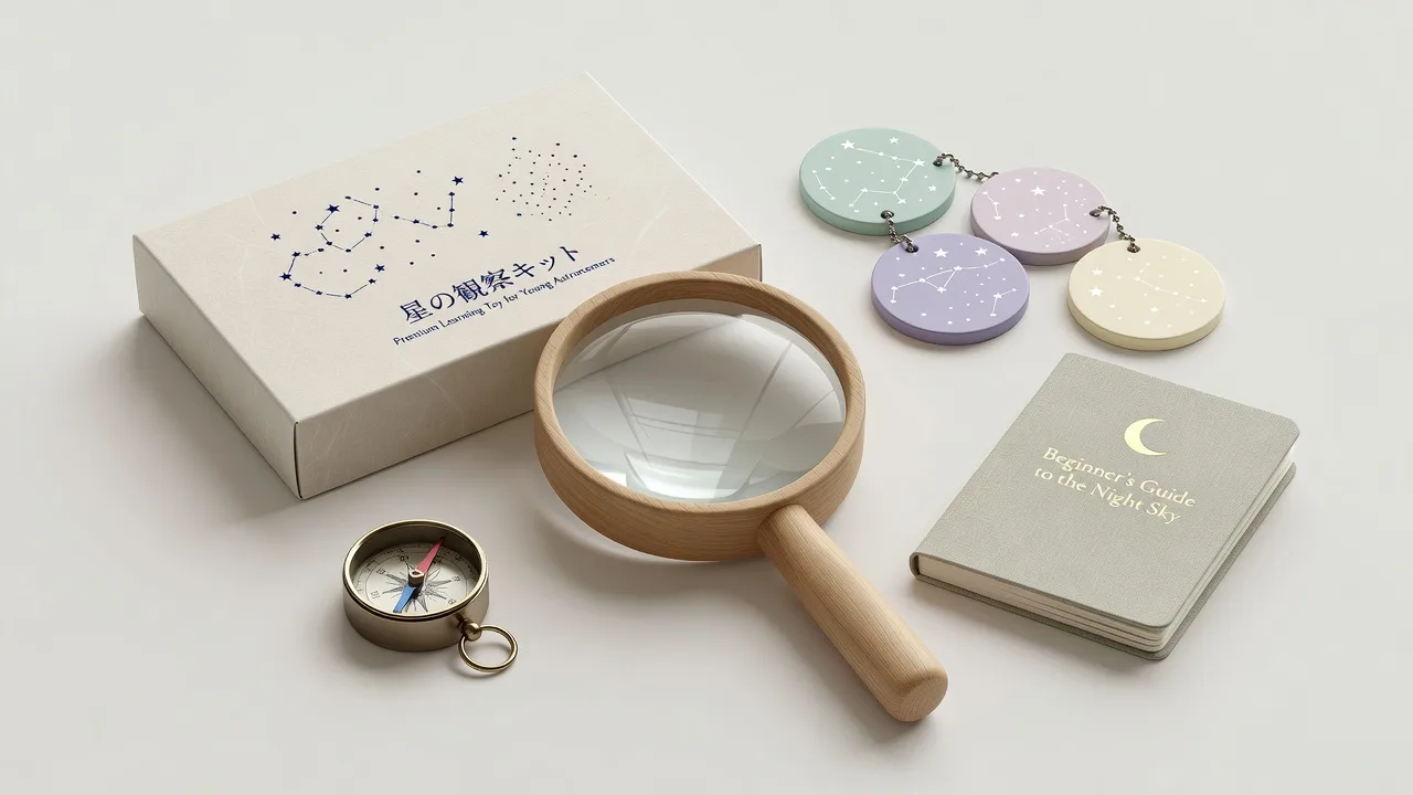 拡大鏡、コンパス、ガイドブック、星座カードがそろった観察キット