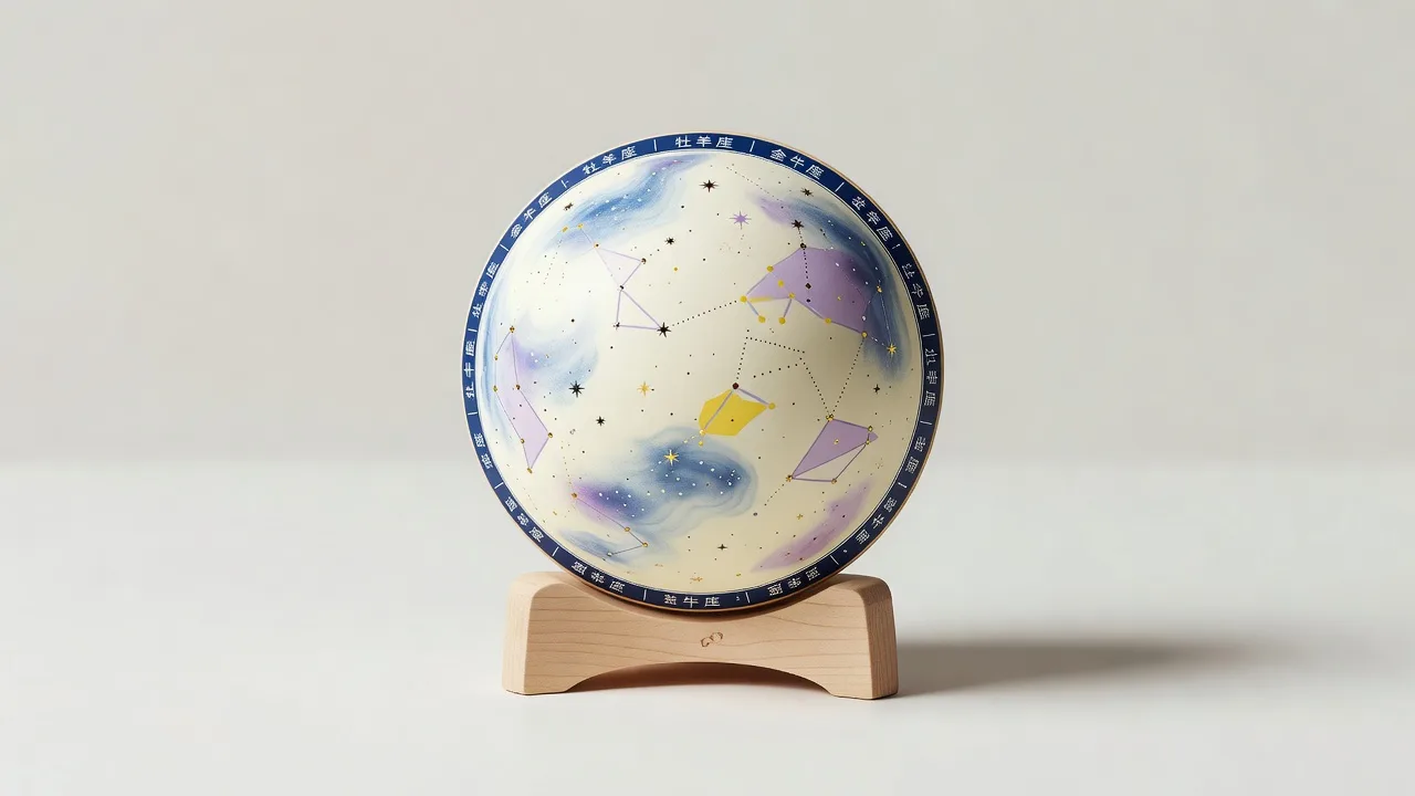 星座が描かれた球体と木の台座の天球儀