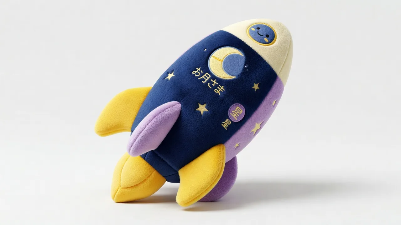紺色と黄色の布でできたロケット形のぬいぐるみ