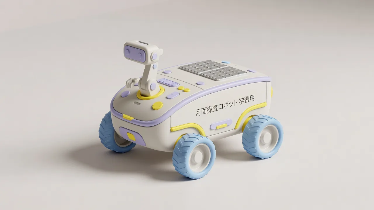 大きな車輪とアームのついた、月面探査車のおもちゃ