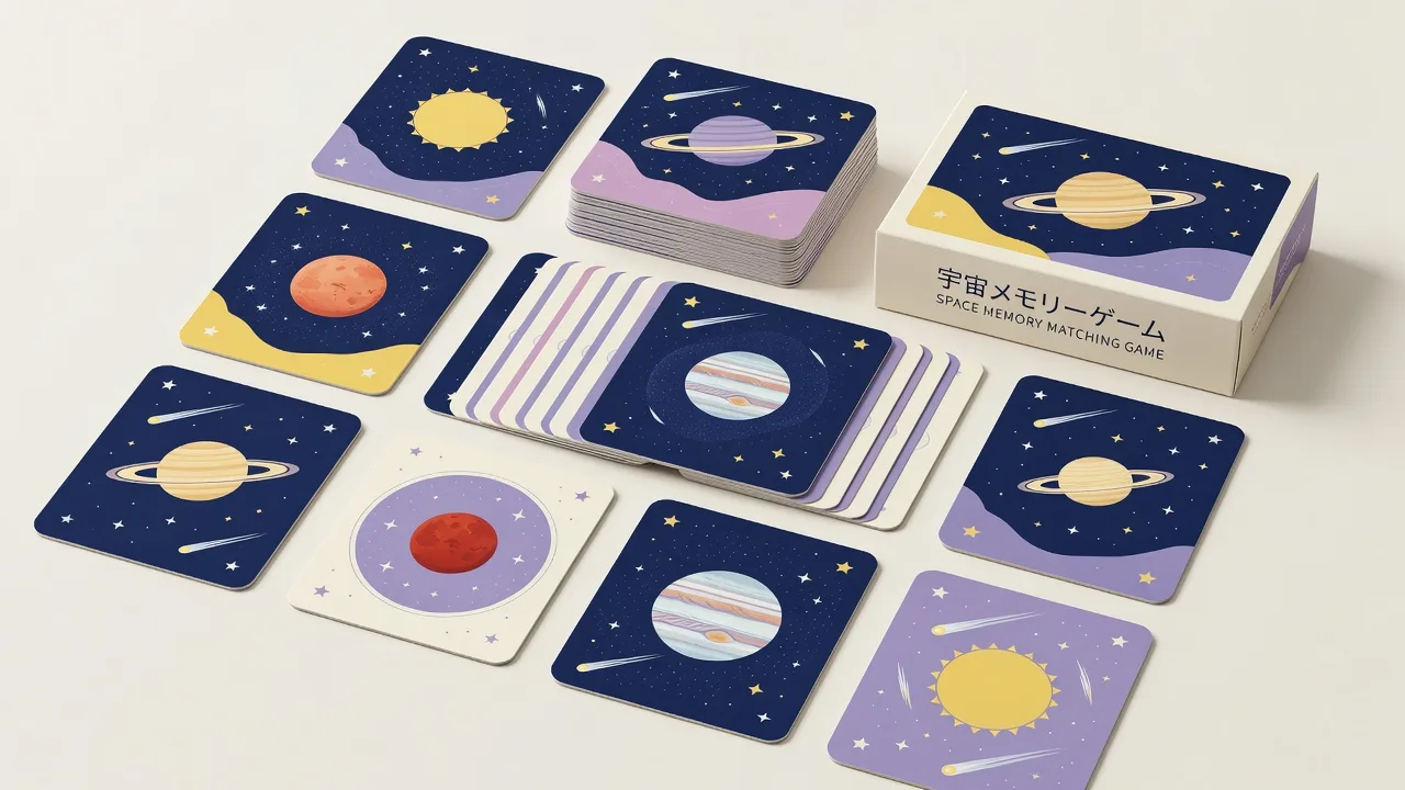 惑星や星の絵柄が描かれたカードと、カードゲームの箱