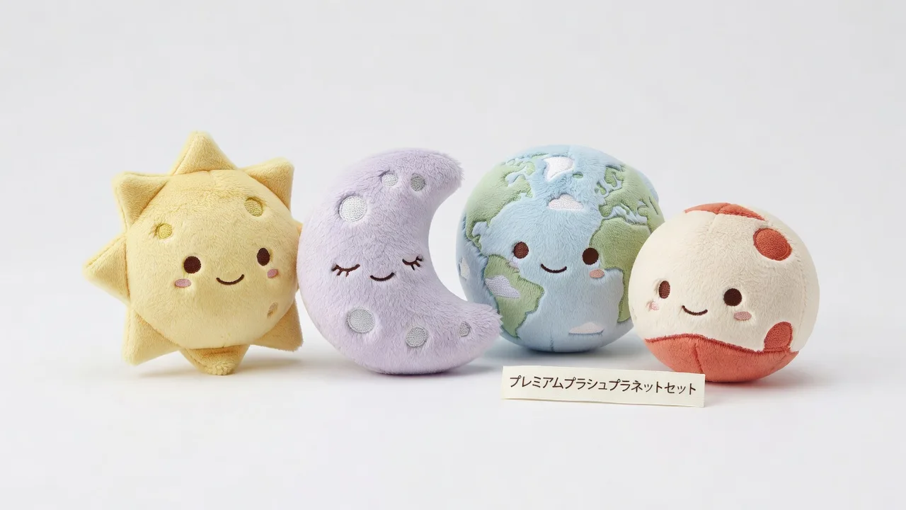 顔のついた太陽、月、地球、赤い惑星のぬいぐるみ4体