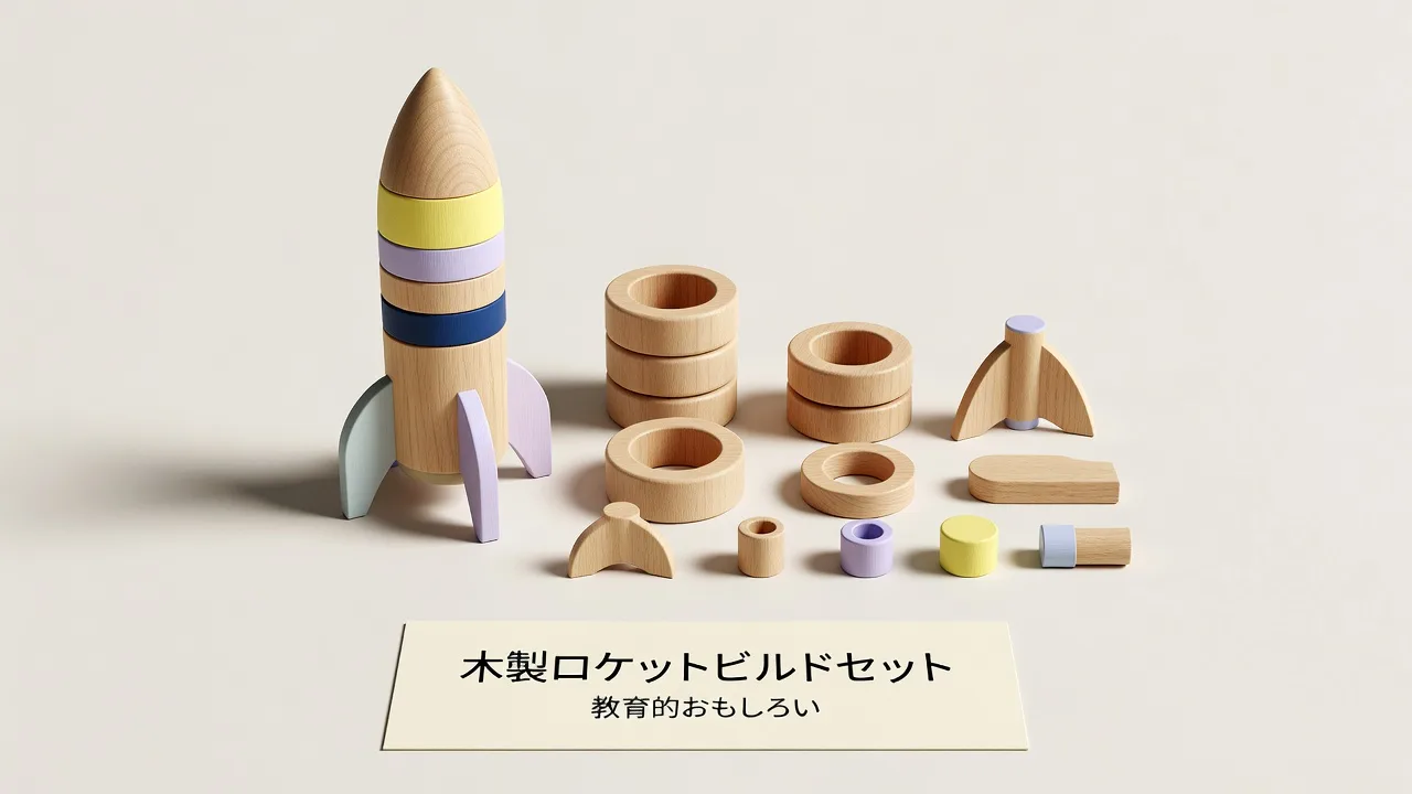 木製のロケットと、輪の形やアーチ形の木製パーツ