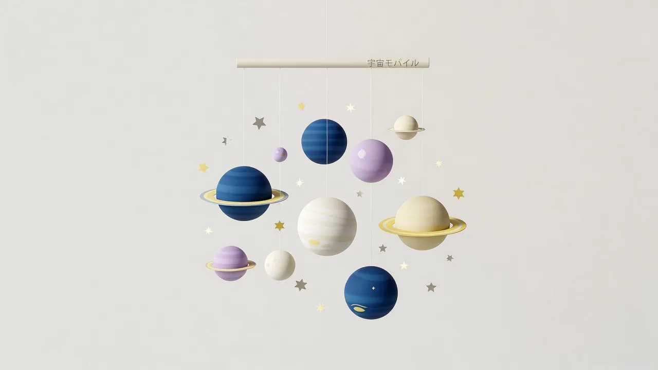 色とりどりの惑星を吊り下げた太陽系のモビール