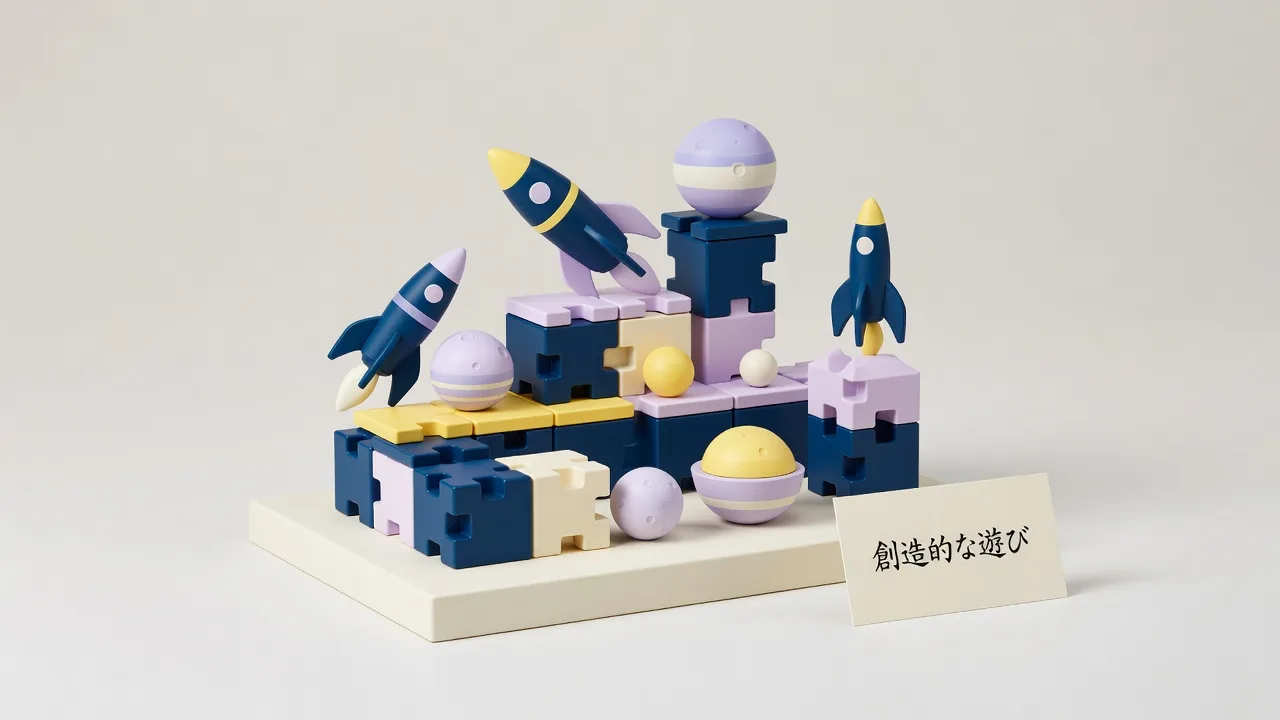 ロケットや惑星の形をした色つきブロックで作った作品例