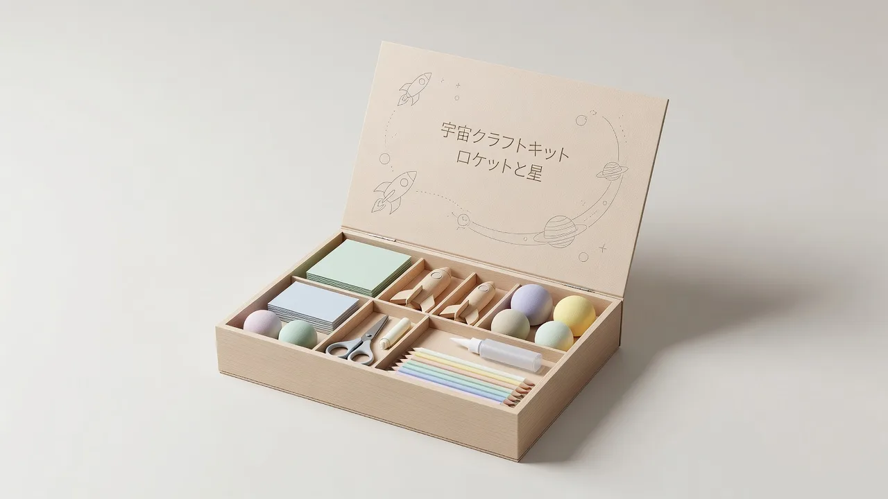 工作用の紙や小さなパーツが仕切りに並んだ箱