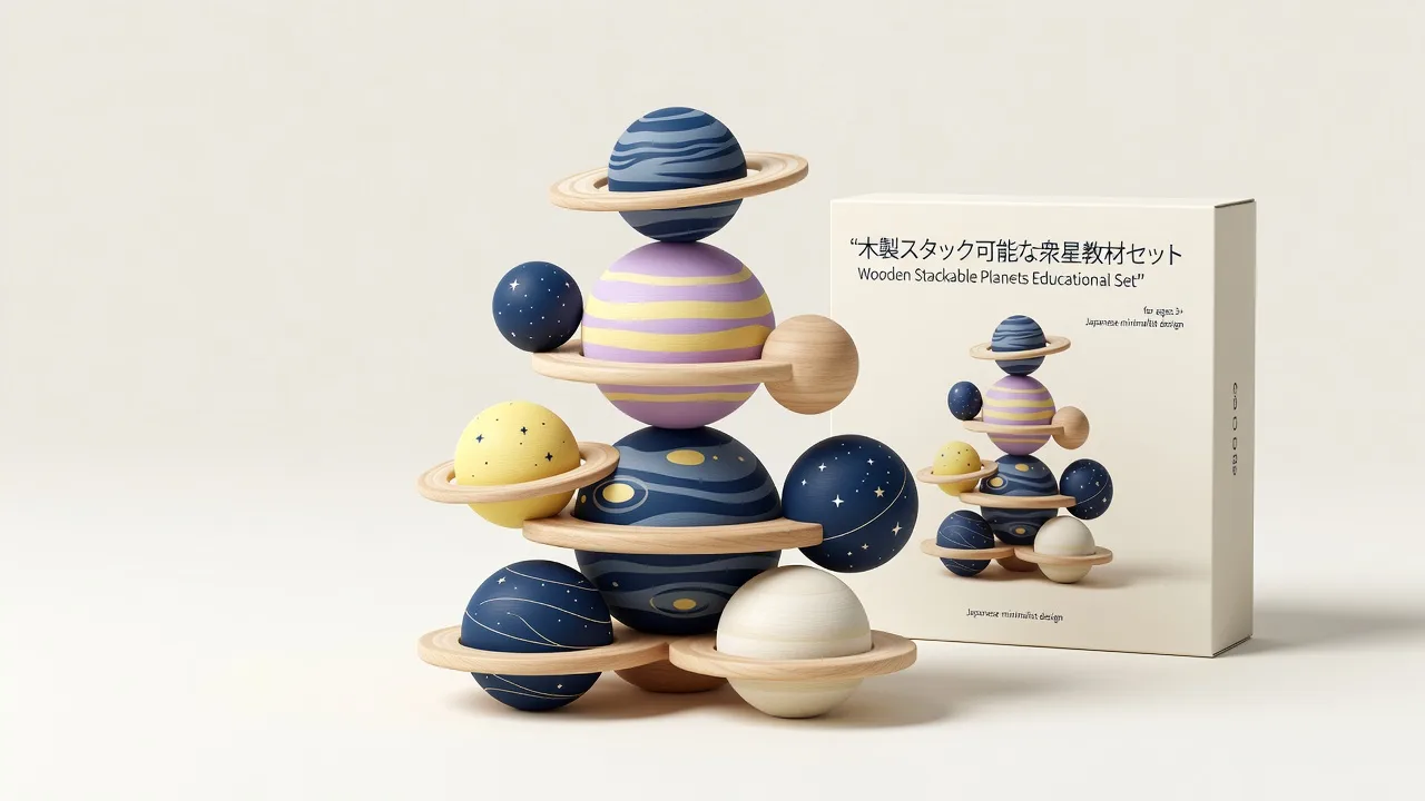 惑星の形をした木製パーツを積み重ねた玩具と、その化粧箱