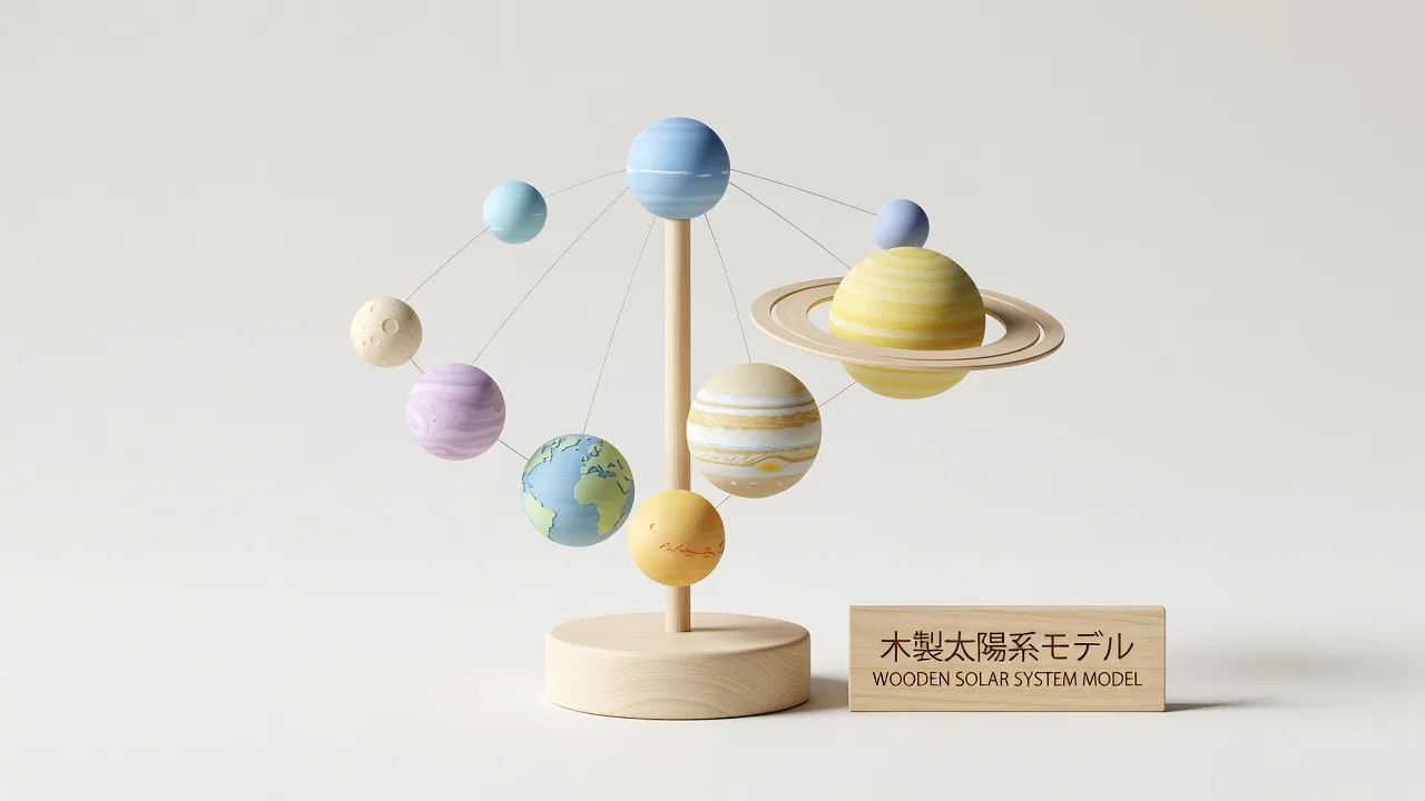 木の台の上に、色の違う惑星が並んだ太陽系模型